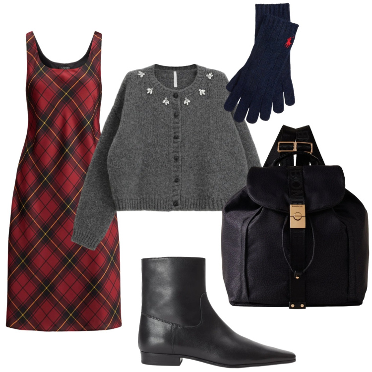 Outfit donna - Tartan grungy. Stile Casual per Ufficio. Abbinamento con cardigans, zaini, vestiti senza maniche, stivaletti, guanti.