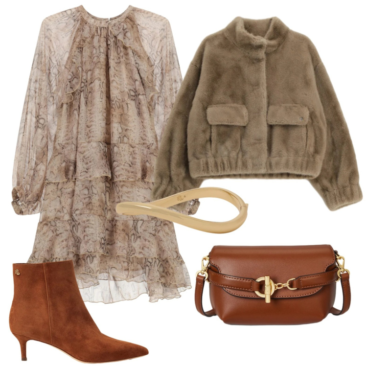 Outfit donna - Boho chic. Stile Boho per Serata fuori. Abbinamento con blazer, vestiti corti, stivaletti, borse a tracolla, braccialetti.