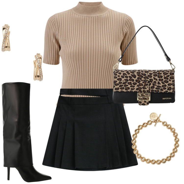 Outfit donna - Dicembre. Stile Trendy per Tutti i giorni. Abbinamento con pullovers, minigonne, borse a spalla, stivali, orecchini, braccialetti.