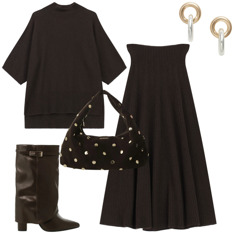 Outfit donna - Testa di moro. Stile Casual chic per Tutti i giorni. Abbinamento con borse a spalla, gonne lunghe, maglieria, stivali, orecchini.