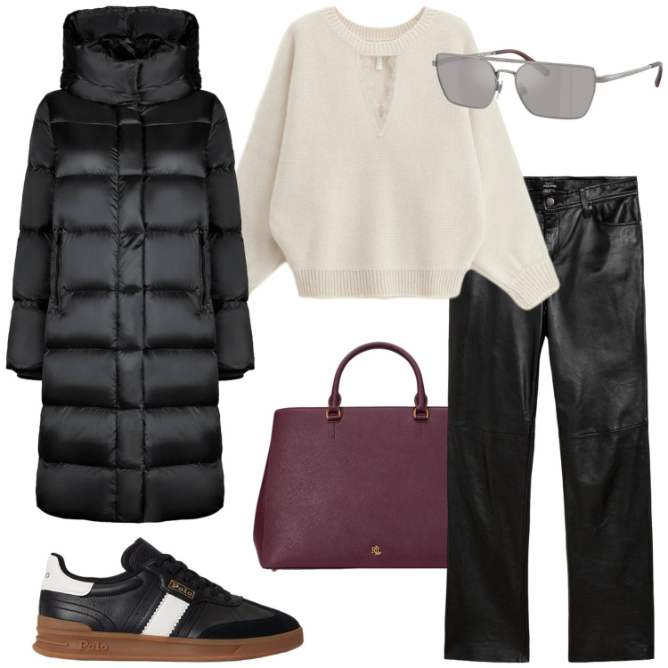 Outfit donna - In nero e beige. Stile Casual per Tutti i giorni. Abbinamento con pantaloni, maglieria, cappotti, sneakers, occhiali da sole, borse a mano.