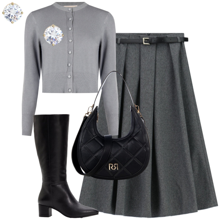 Outfit donna - In ufficio. Stile Urban per Ufficio. Abbinamento con stivali, borse a tracolla, cardigans, gonne lunghe, orecchini.