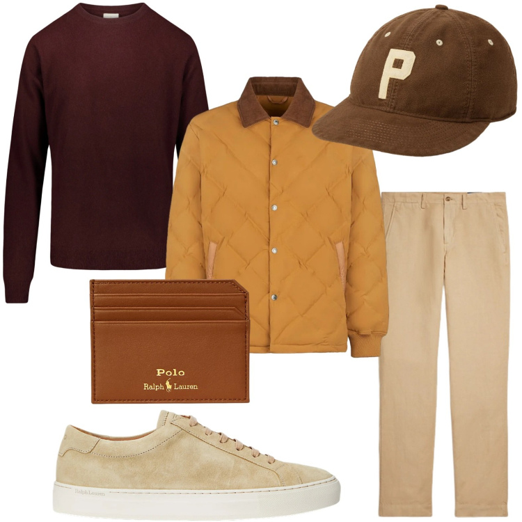 Outfit uomo - Look invernale. Stile Casual per Tutti i giorni. Abbinamento con pantaloni, sneakers, portafogli, cappelli, giacche, maglieria.
