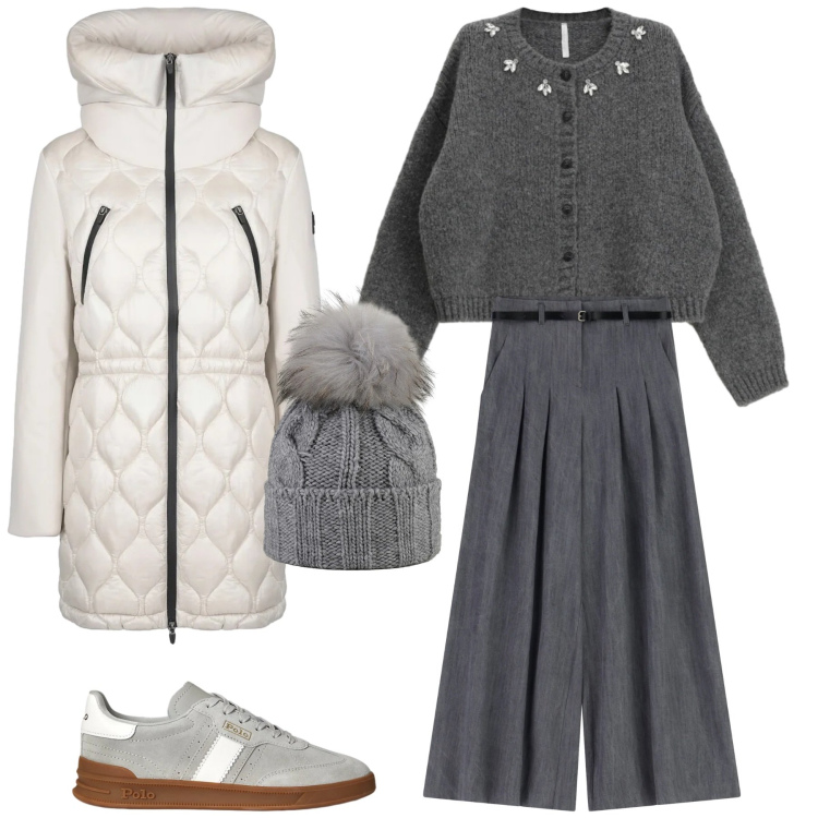 Outfit donna - In grigio e bianco. Stile Casual per Tutti i giorni. Abbinamento con cardigans, pantaloni a palazzo, sneakers, berretti, cappotti.