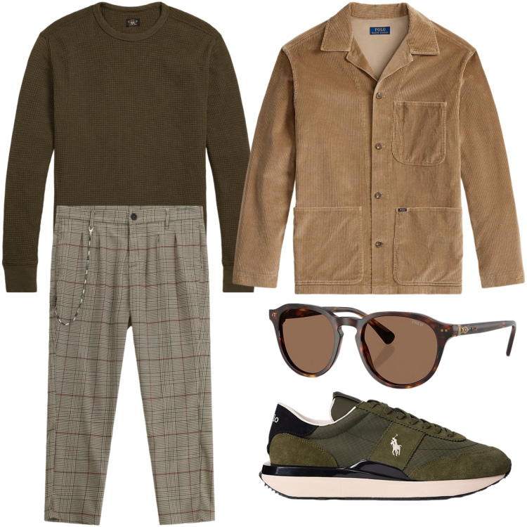 Outfit uomo - Toni naturali. Stile Trendy per Ufficio. Abbinamento con pantaloni, occhiali da sole, maglieria, sneakers, giacche.