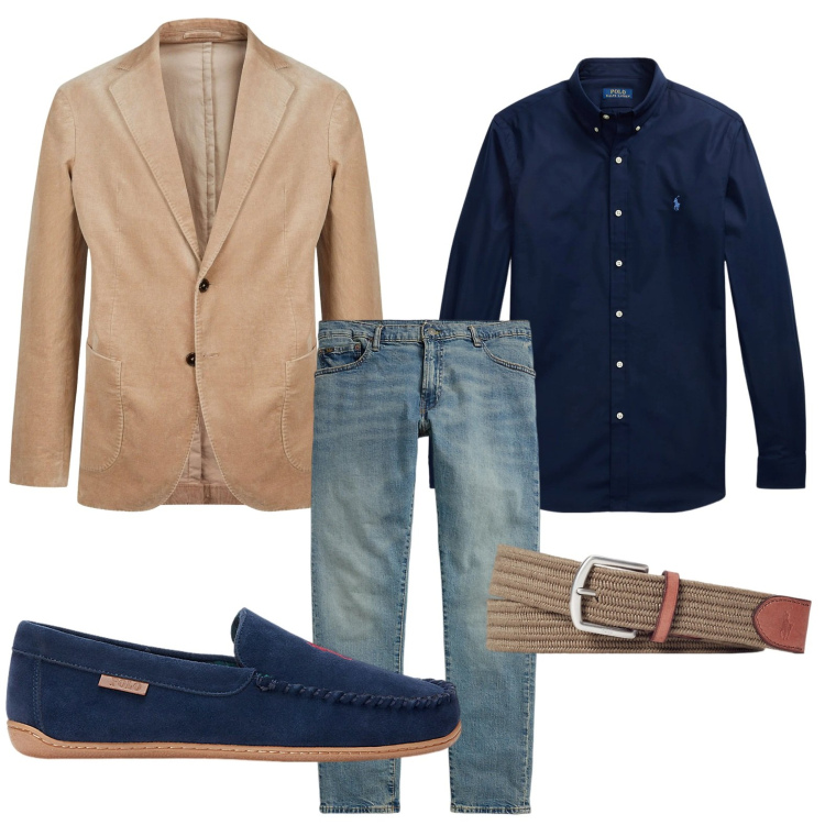 Outfit uomo - Il blazer beige perfetto. Stile Trendy per Ufficio. Abbinamento con cinture, camicie, pantofole, jeans, giacche.