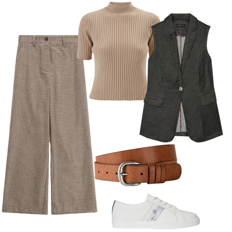Outfit donna - Pantaloni a quadretti. Stile Mannish per Tutti i giorni. Abbinamento con cinture, pantaloni a palazzo, pullovers, sneakers, gilet.