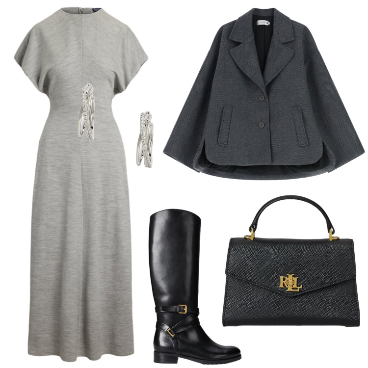 Outfit donna - Al lavoro. Stile Casual per Ufficio. Abbinamento con blazer, orecchini, borse a mano, vestiti, stivali.