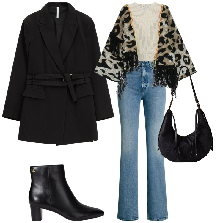 Outfit donna - Dicembre. Stile Sporty chic per Tutti i giorni. Abbinamento con cardigans, blazer, borse a spalla, jeans bootcut, stivaletti.