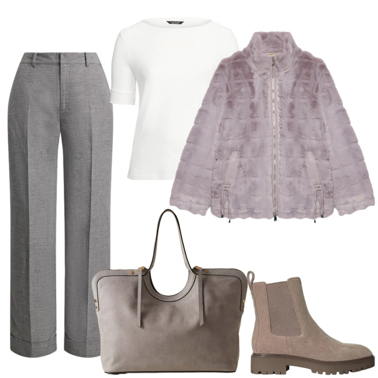 Outfit donna - Tono su tono Classico. Stile Bon Ton per Ufficio. Abbinamento con shopping bag, pantaloni, top, stivaletti chelsea, ecopellicce.