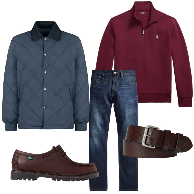 Outfit uomo - Look di carattere. Stile Casual per Ufficio. Abbinamento con jeans, cinture, scarpe stringate, pullovers, giacche.