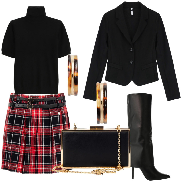 Outfit donna - Serata tsrtan. Stile Casual chic per Serata fuori. Abbinamento con minigonne, pochette, stivali, maglieria, blazer, orecchini.