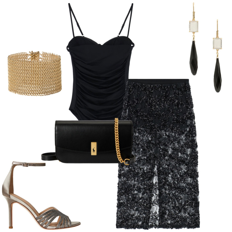 Outfit donna - Serata. Stile Sexy per Serata fuori. Abbinamento con body, gonne longuette, sandali gioiello, clutch, orecchini, braccialetti.