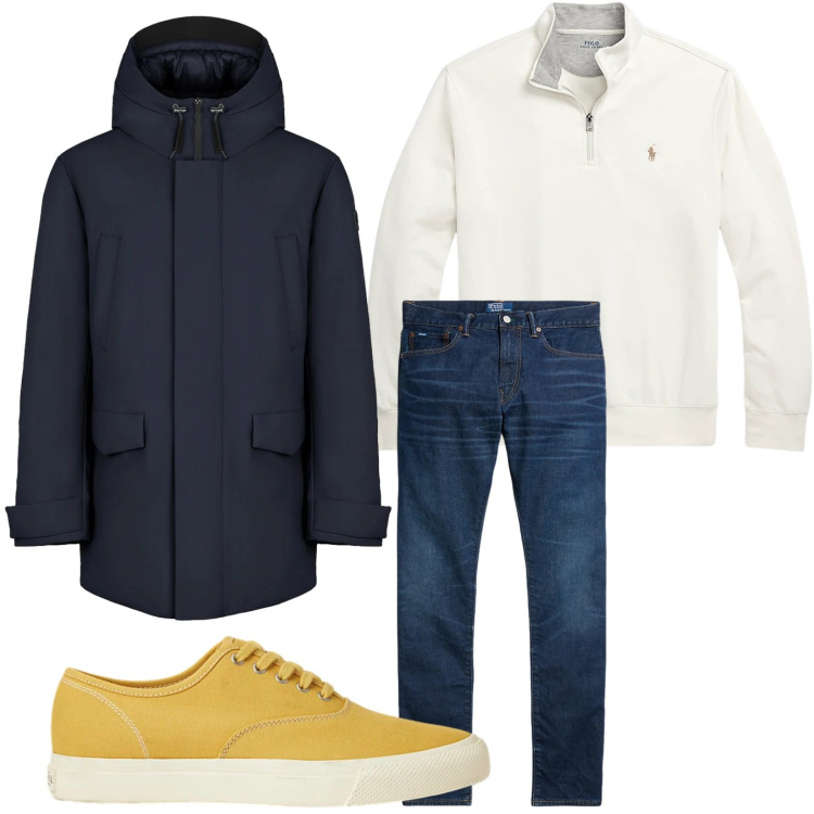 Outfit uomo - Minimal. Stile Casual per Tutti i giorni. Abbinamento con pullovers, jeans, sneakers, eskimo.