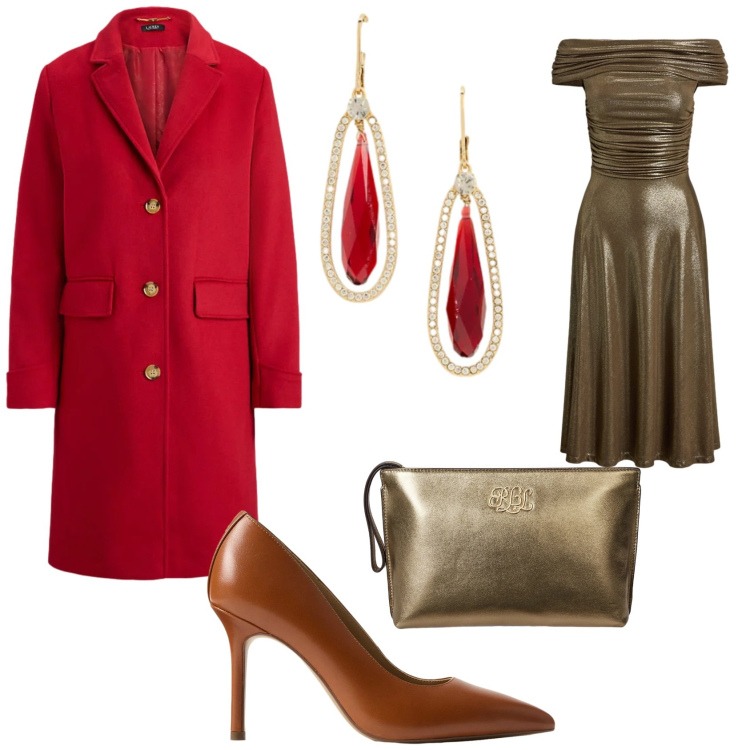 Outfit donna - Rosso e oro: ed e\' subito Natale. Stile Glamour per Serata fuori. Abbinamento con vestiti, pochette, cappotti, décolleté, orecchini.