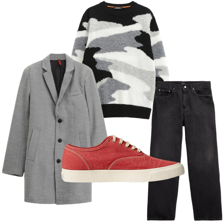Outfit uomo - Dettaglio rosso. Stile Casual per Tutti i giorni. Abbinamento con maglieria, cappotti, sneakers, jeans.