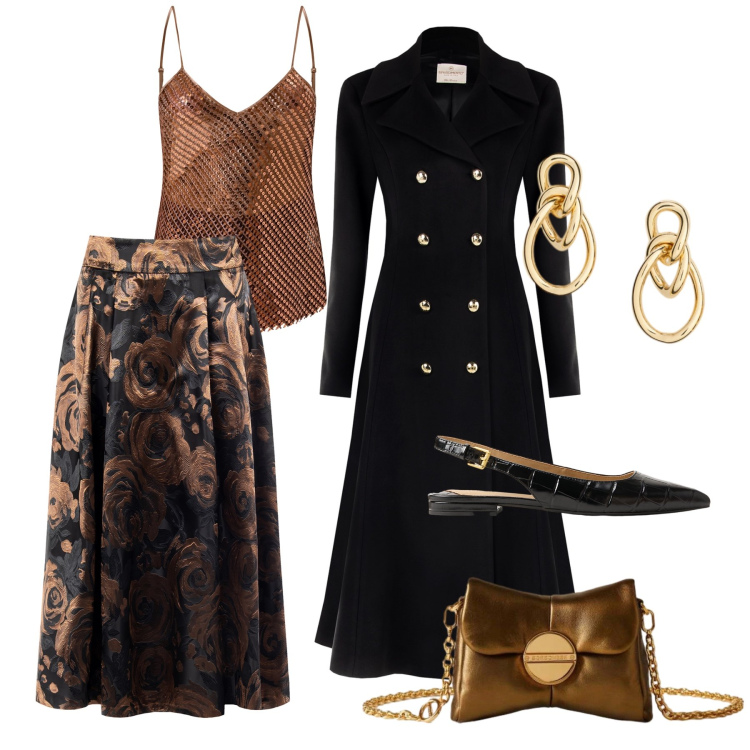 Outfit donna - Pensando a S.Silvestro. Stile Chic per Serata fuori. Abbinamento con cappotti, gonne longuette, canottiere, borse a tracolla, orecchini, ballerine.