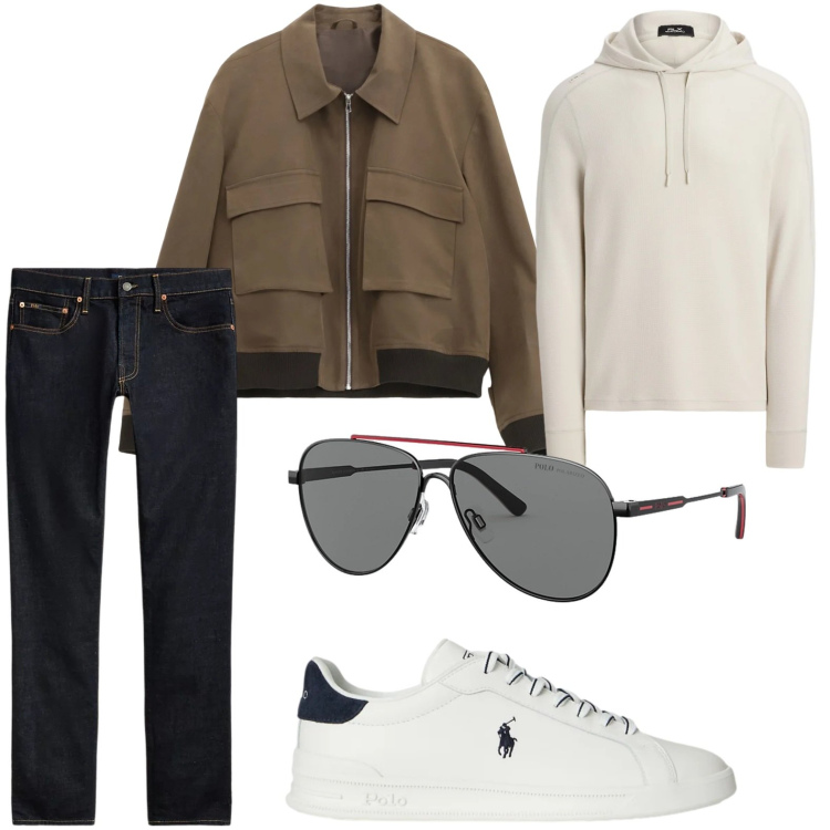 Outfit uomo - Eleganza tutto il giorno. Stile Trendy per Tutti i giorni. Abbinamento con giacche, occhiali da sole, jeans, felpe con cappuccio, sneakers.