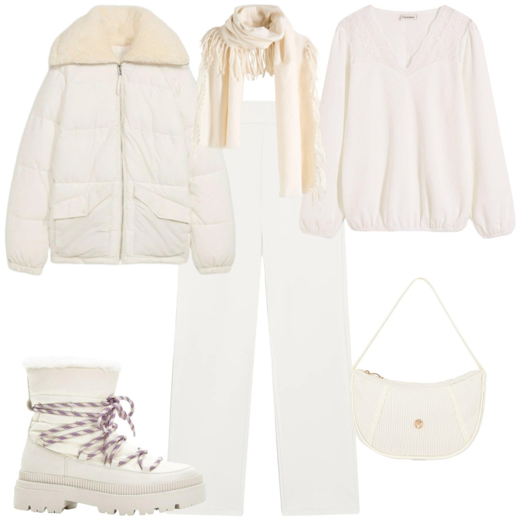 Outfit donna - Trendy in bianco per la montagna. Stile Trendy per Tutti i giorni. Abbinamento con bluse, sciarpe, giacche, stivali da neve, pantaloni, borse a mano.