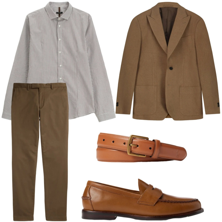 Outfit uomo - Il completo castagna. Stile Casual per Ufficio. Abbinamento con camicie, cinture, scarpe stringate, pantaloni, giacche.