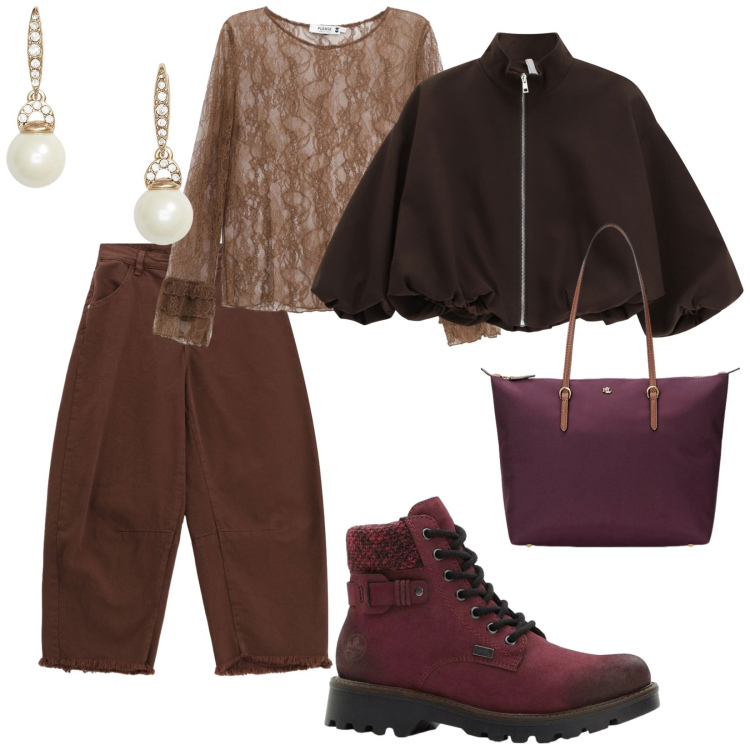 Outfit donna - Un tocco di classe. per Tutti i giorni. Abbinamento con stivaletti, pantaloni, top, bomber, borse tote, orecchini.