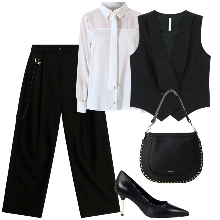 Outfit donna - City. Stile Mannish per Tutti i giorni. Abbinamento con décolleté, camicie, pantaloni a palazzo, borse a spalla, gilet.