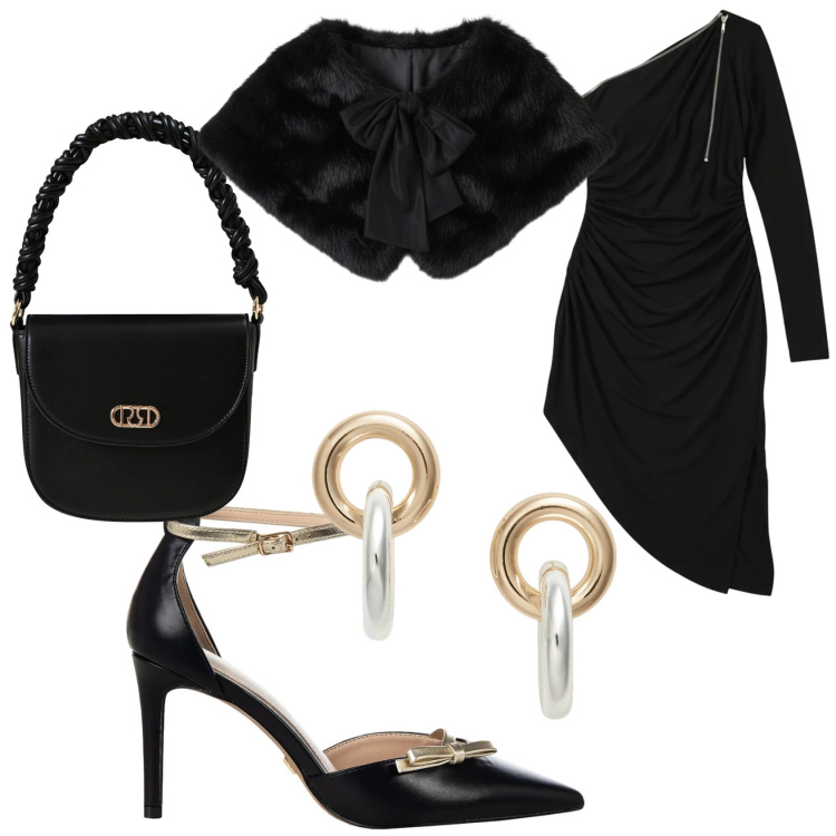 Outfit donna - Magiche asimmetrie in nero. Stile Sexy per Serata fuori. Abbinamento con décolleté, borse a mano, vestiti asimmetrici, stole, orecchini.