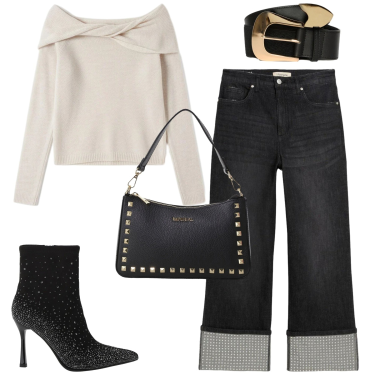 Outfit donna - Dicembre. Stile Casual chic per Tutti i giorni. Abbinamento con jeans dritti, maglieria, pochette, stivaletti, cinture.