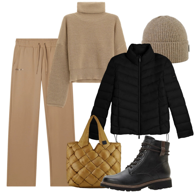 Outfit donna - Comoda per commissioni. Stile Casual per Tutti i giorni. Abbinamento con stivaletti, maglieria, pantaloni, piumini, berretti, borse tote.