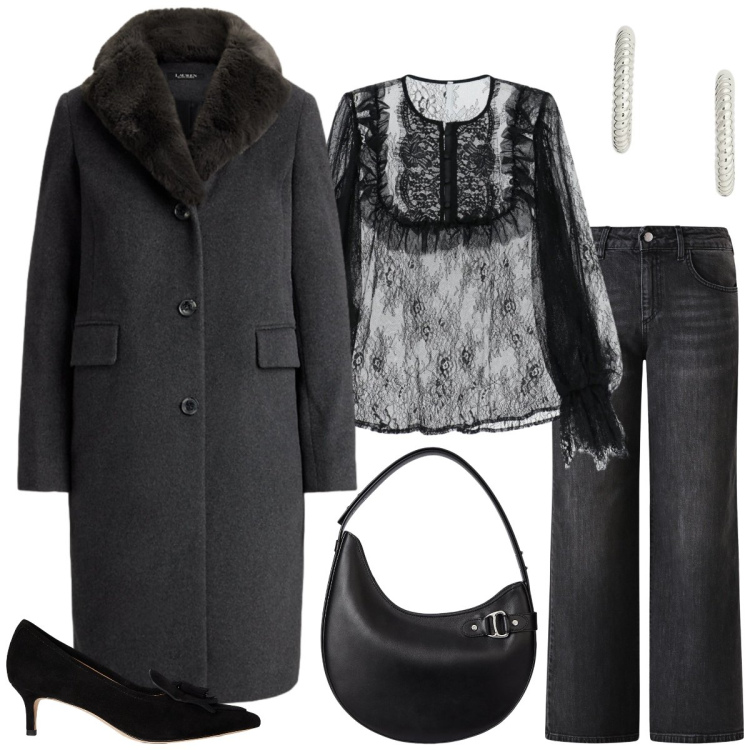 Outfit donna - Pizzo e jeans. Stile Casual chic per Tutti i giorni. Abbinamento con jeans dritti, bluse, décolleté, borse a spalla, orecchini, cappotti.