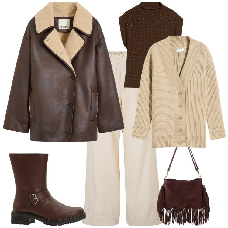 Outfit donna - Trendy bianco e marrone in montagna. Stile Trendy per Tutti i giorni. Abbinamento con cardigans, pantaloni culotte, borse a tracolla, top, stivali, blazer.