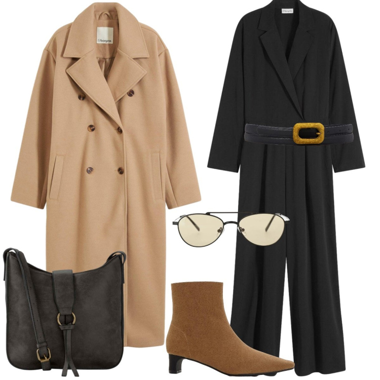 Outfit donna - Ufficio. Stile Minimal per Ufficio. Abbinamento con borse a tracolla, stivaletti, tute, cappotti, occhiali da sole, cinture.