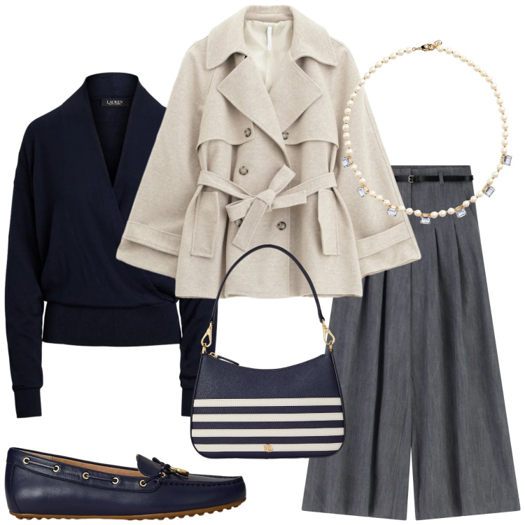 Outfit donna - Total look #2304331. Stile Minimal per Tutti i giorni. Abbinamento con trench, pantaloni a palazzo, collane, mocassini, maglieria, borse a spalla.