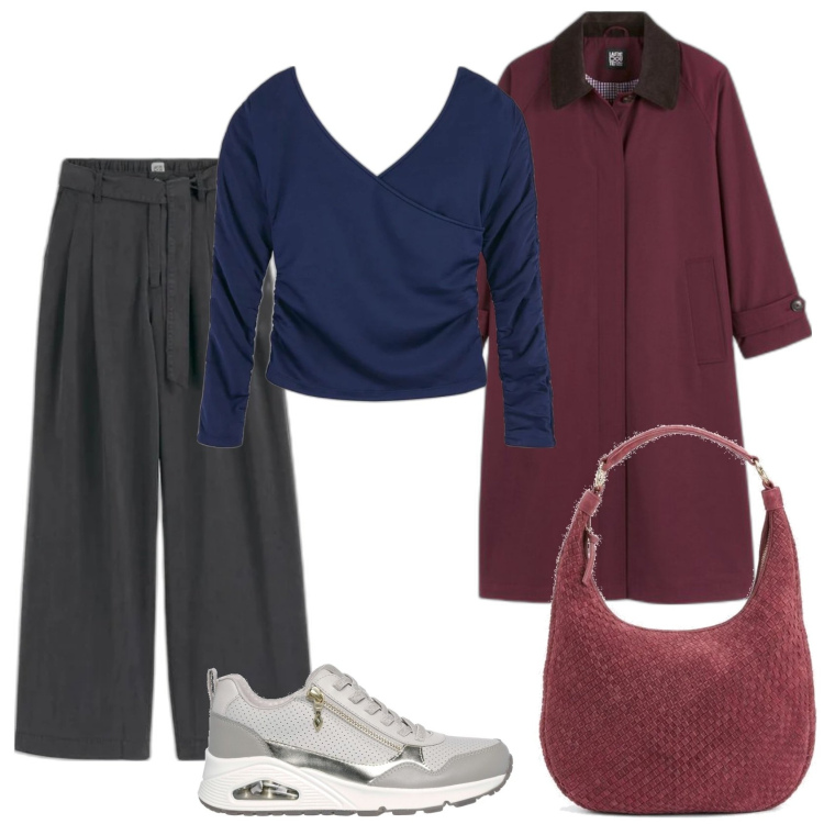 Outfit mujer - Urban look. Estilo Urban para Todos los días. Combinación con sneakers, pantalones, bolso tote, trench, top.