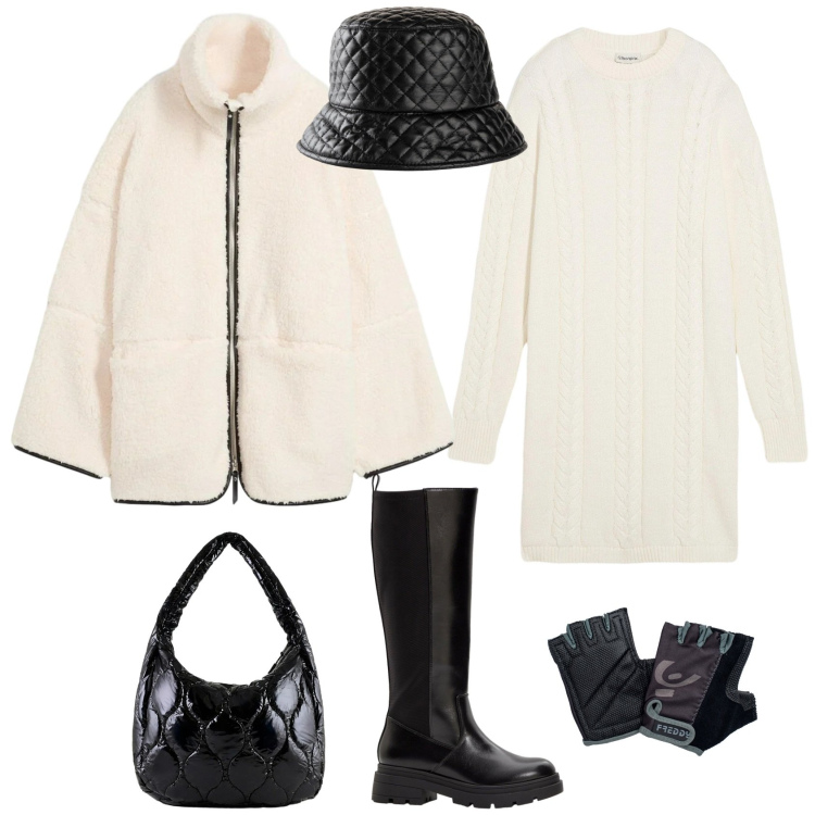 Outfit donna - Casual chic bianco e nero montagna. Stile Casual chic per Tutti i giorni. Abbinamento con vestiti, blazer, cappelli con visiera, stivali, guanti, borse tote.