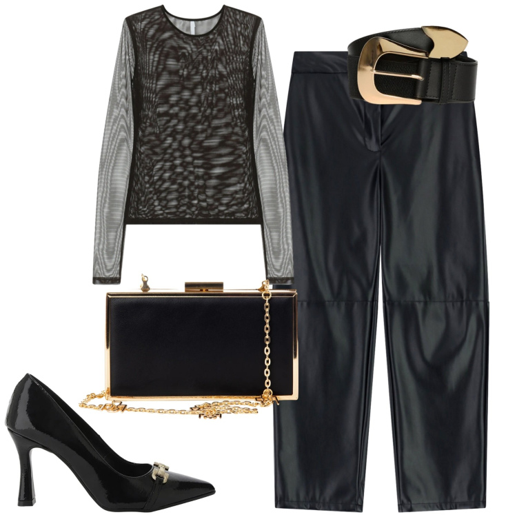 Outfit donna - Serata. Stile Trendy per Serata fuori. Abbinamento con pochette, pantaloni, décolleté, t-shirt, cinture.