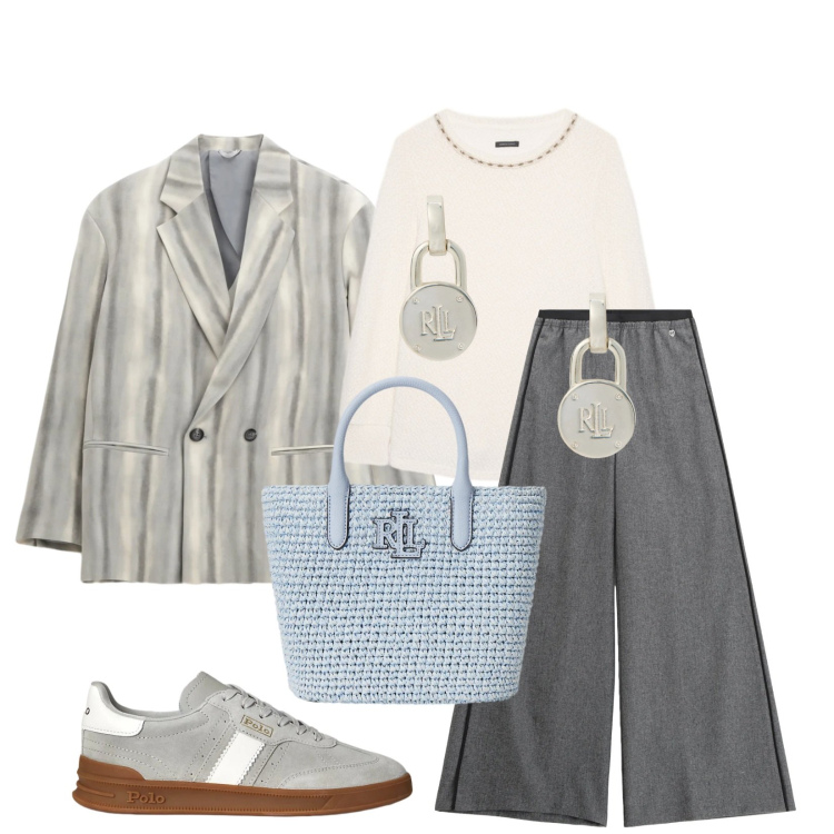 Outfit donna - Casual. Stile Casual per Tutti i giorni. Abbinamento con pantaloni, blazer, orecchini, sneakers, borse tote, t-shirt.