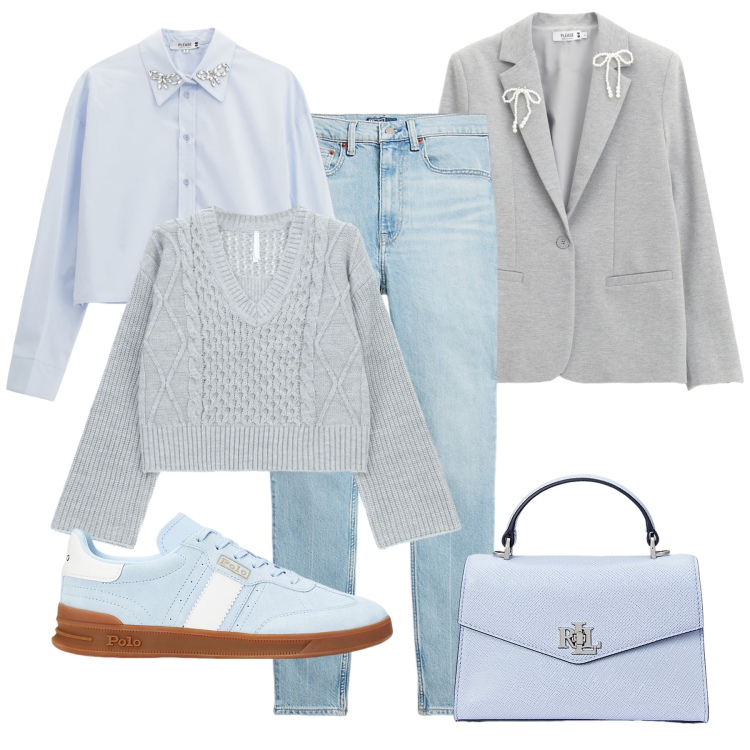 Outfit donna - Aperitivo azzurro & perla. Stile Sporty chic per Tutti i giorni. Abbinamento con blazer, camicie, maglieria, sneakers, borse a mano, jeans slim fit.