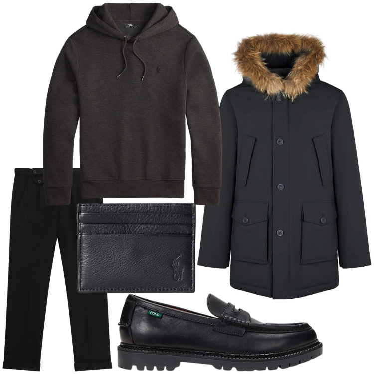 Outfit uomo - Tonalità di nero. Stile Trendy per Tutti i giorni. Abbinamento con pantaloni, portafogli, scarpe stringate, felpe con cappuccio, piumini.