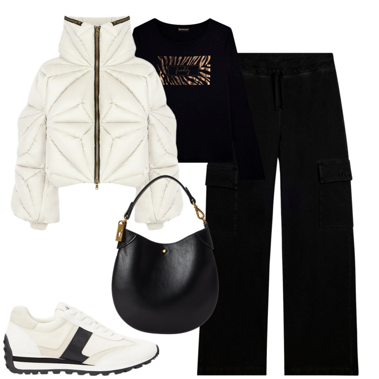 Outfit donna - Rilassata. Stile Casual per Tutti i giorni. Abbinamento con t-shirt, pantaloni cargo, sneakers, pochette, piumini.