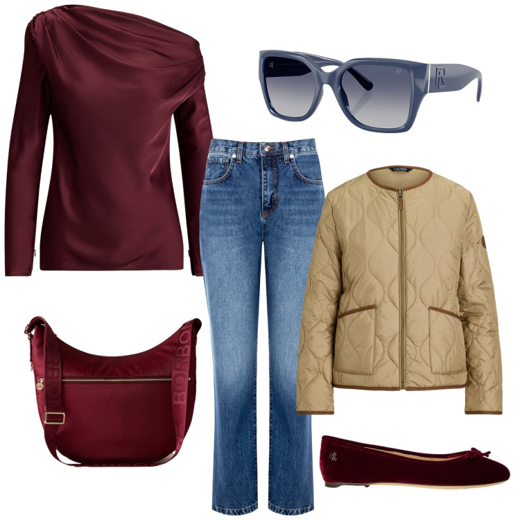 Outfit donna - Total look #2304348. Stile Glamour per Tutti i giorni. Abbinamento con jeans boyfriend, borse a spalla, occhiali da sole, ballerine, bluse, giacche.