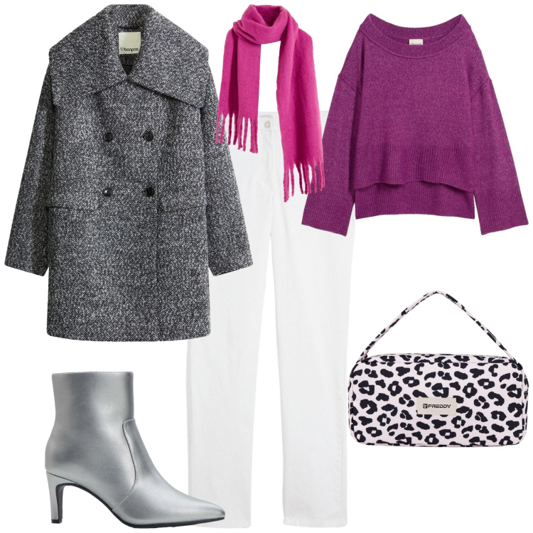 Outfit donna - Casual chic serata fuori. Stile Casual chic per Serata fuori. Abbinamento con cappotti, stivaletti, maglieria, sciarpe, pantaloni, borse a spalla.