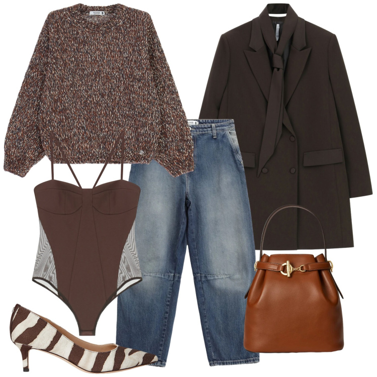 Outfit donna - Cioccolato a colazione. Stile Casual chic per Tutti i giorni. Abbinamento con jeans, maglieria, body, vestiti corti, décolleté, borse a secchiello.