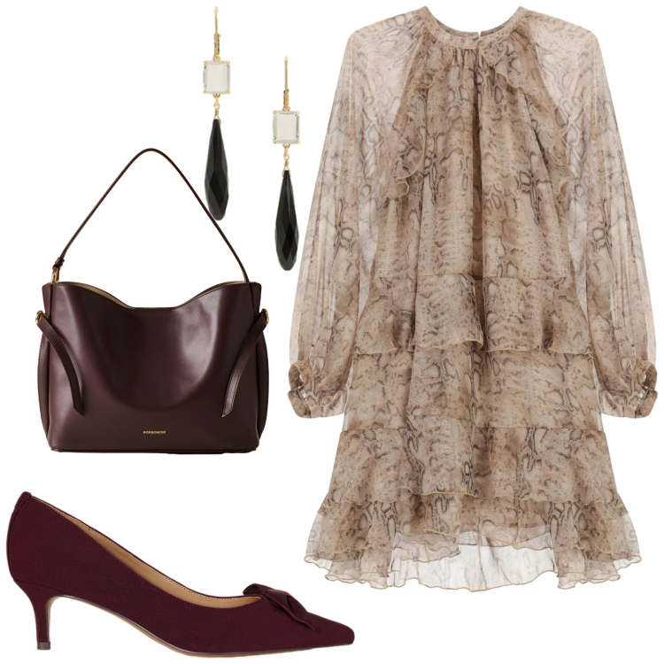 Outfit donna - Sofisticata. Stile Urban per Tutti i giorni. Abbinamento con vestiti corti, borse a mano, décolleté, orecchini.