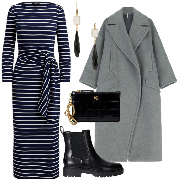 Outfit donna - Durante le feste. Stile Glamour per Tutti i giorni. Abbinamento con cappotti, stivaletti chelsea, portafogli, orecchini, vestiti lunghi.