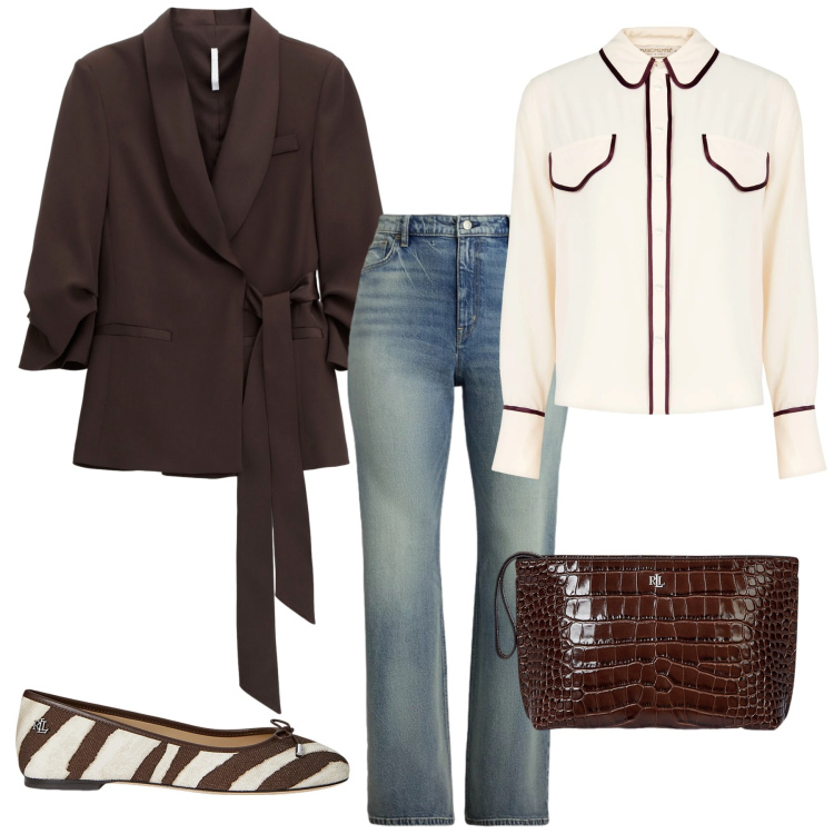 Outfit donna - Total look #2304360. Stile Glamour per Tutti i giorni. Abbinamento con camicie, blazer, ballerine, pochette, jeans.