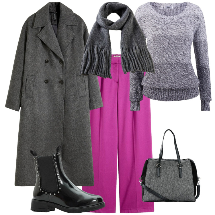 Outfit donna - Casual chic ogni giorno. Stile Casual chic per Tutti i giorni. Abbinamento con maglieria, pantaloni a palazzo, borse a mano, sciarpe, cappotti, stivaletti chelsea.