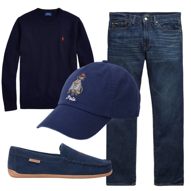 Outfit uomo - Total look #2304365. Stile Trendy per Tutti i giorni. Abbinamento con maglieria, pantofole, jeans dritti, cappelli.