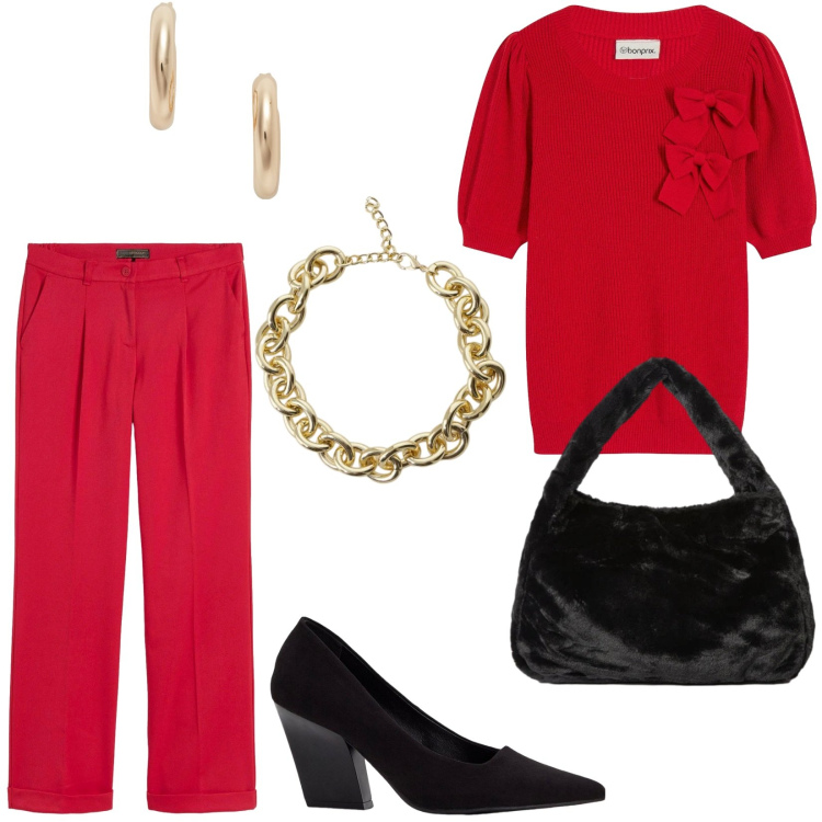 Outfit donna - Rosso per le festività natalizie. Stile Minimal per Serata fuori. Abbinamento con décolleté, pantaloni, maglieria, collane, orecchini, borse a spalla.