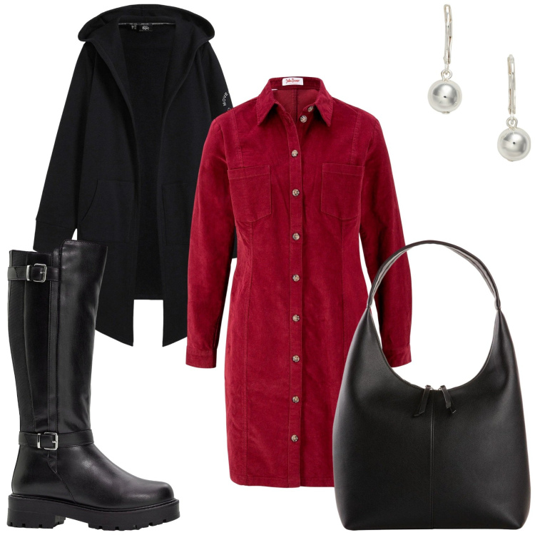 Outfit donna - Abito in velluto. Stile Trendy per Tutti i giorni. Abbinamento con vestiti, blazer, shopping bag, stivali, orecchini.